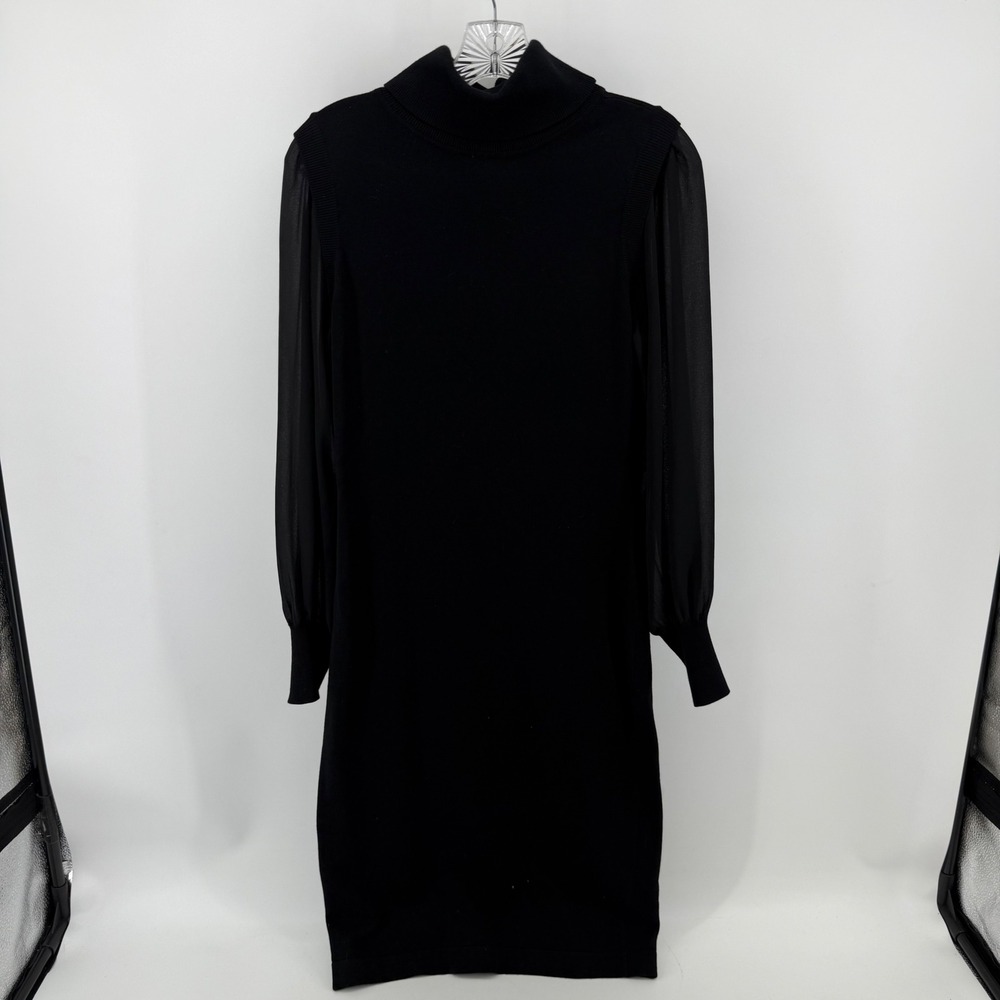 Dark Academia Black Turtleneck Sweater Dress Sheer Chiffon Long Sleeve Medium